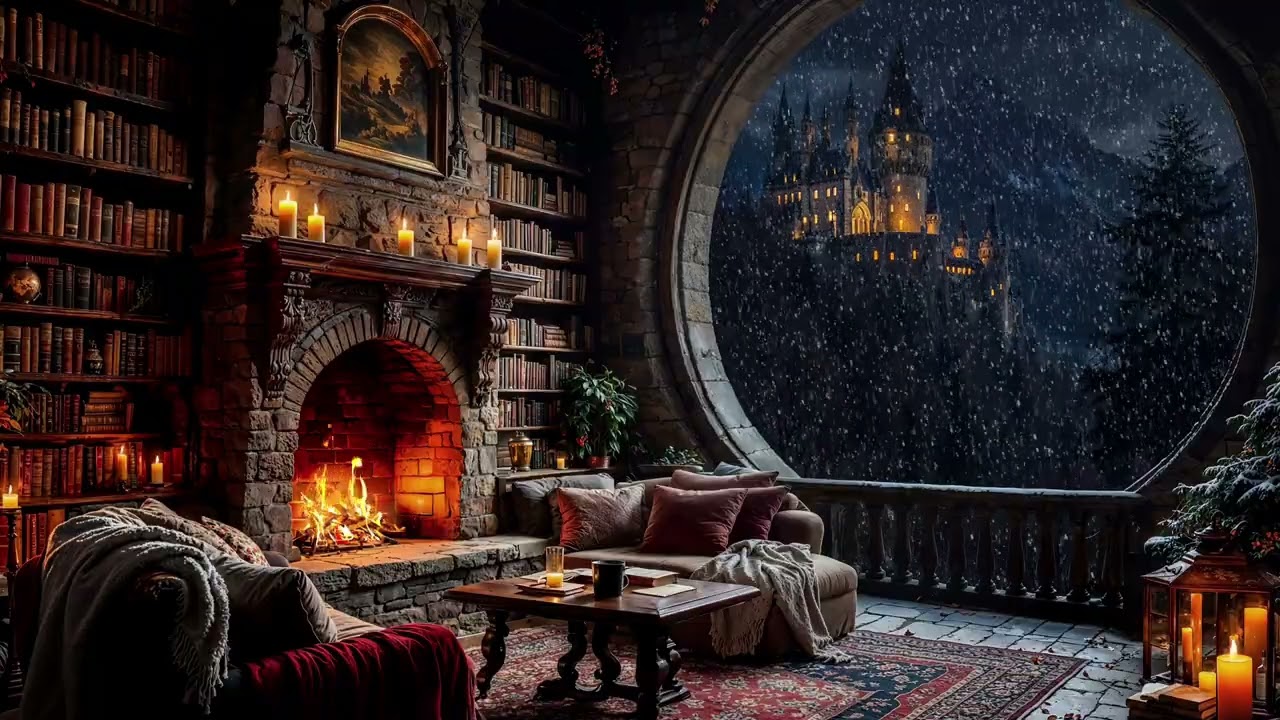 Castle View Winter Cabin | Cozy Fireplace Crackles & Snowfall for Deep Rest