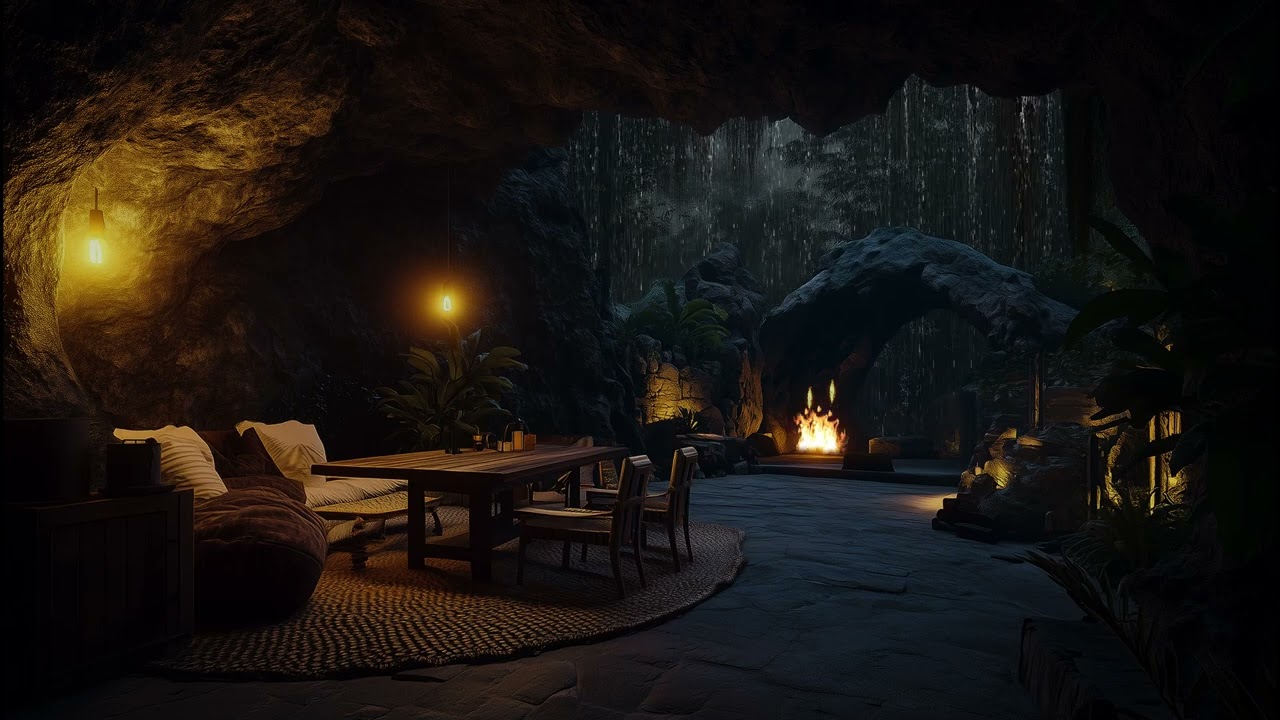 Relaxing Thunder Echo in Cave 🌙 Rainfall with Fire Sounds for Sleep Therapy and Mind Clarity