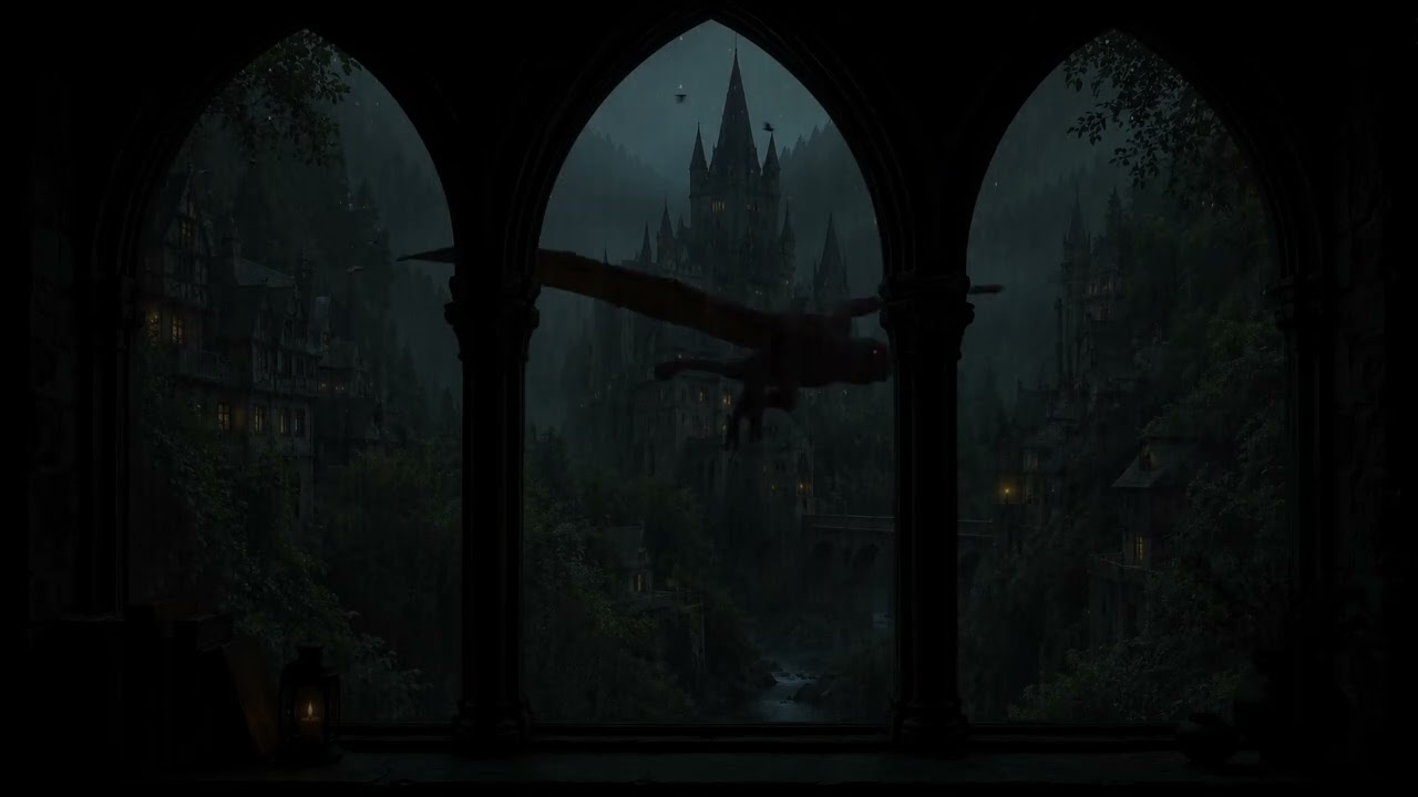 Warm Rain Sounds and Rolling Thunder by the Castle Window - Peaceful Sleep for Insomnia and PTSD