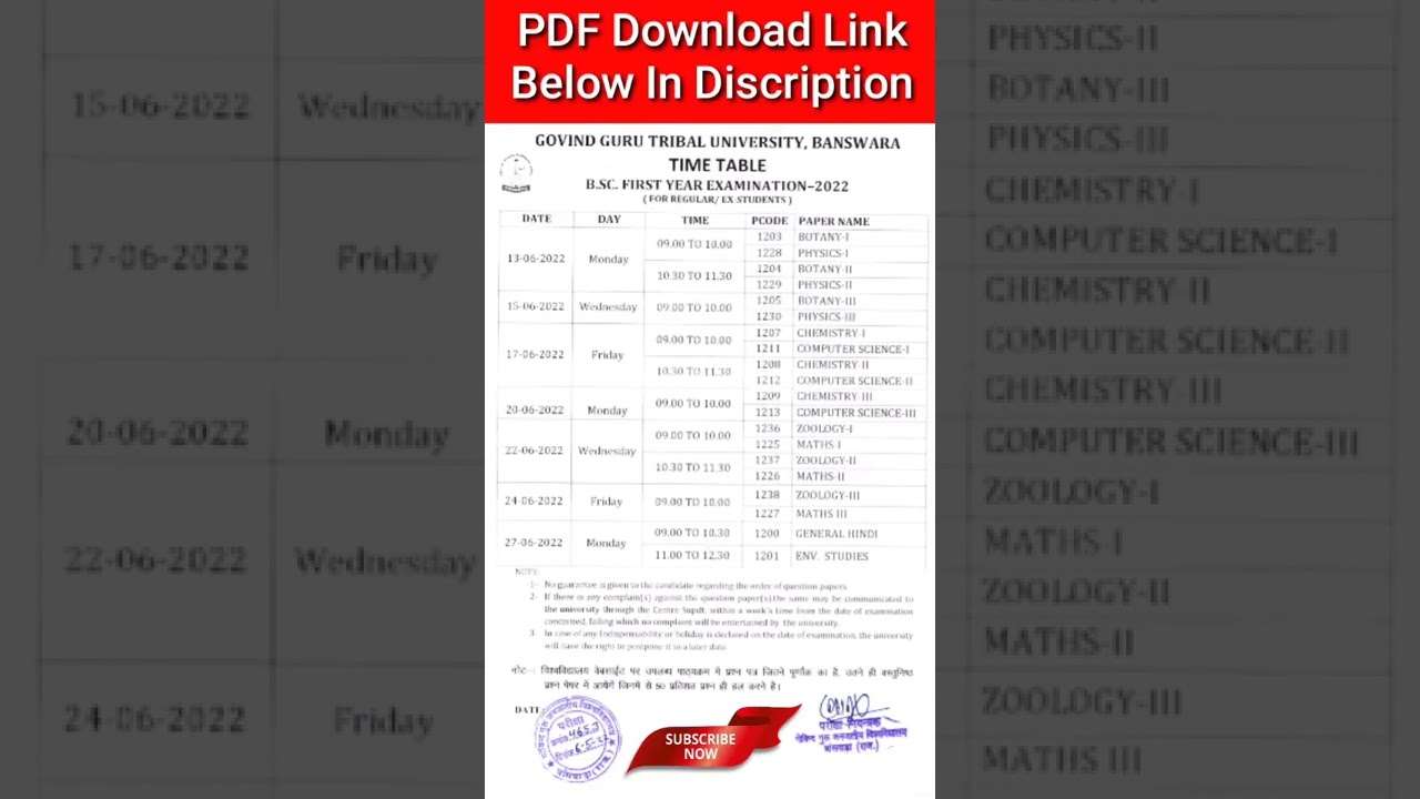 GGTU B.Sc 1st Year Time Table 2022 Download PDF 
