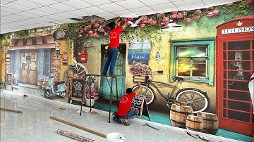 Thi công tranh dán tường 3D khổ lớn cho quán cafe.