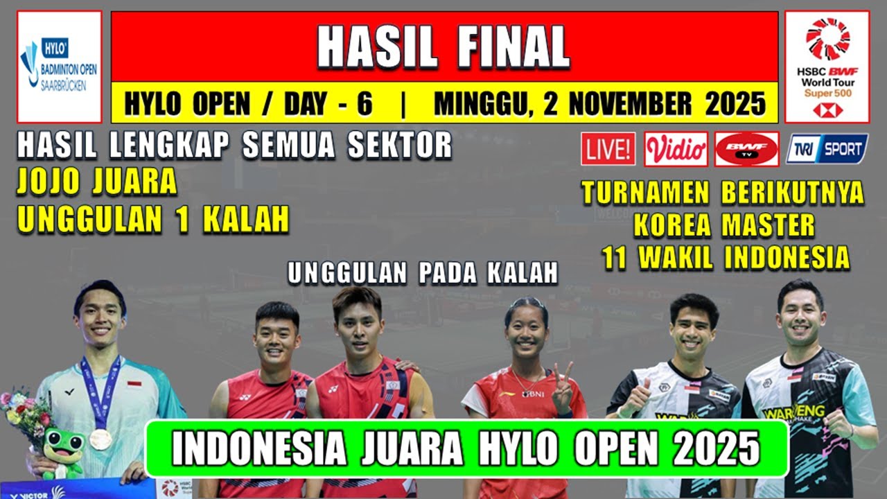 INDONESIA JUARA ~ Hasil Final Hylo Open 2025 Hari Ini ~ JOJO JUARA ~ PUTRI & SABREZ RUNNER UP