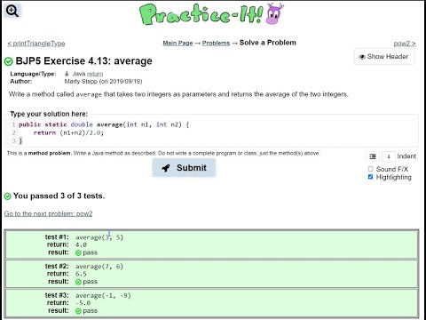 Java Practice It | Exercise 4.13: average | math, return statement