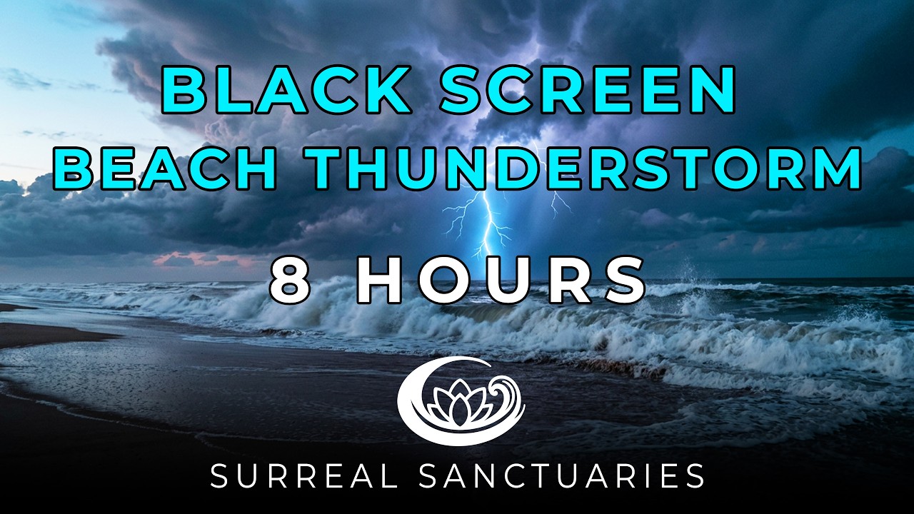 8 Hour Ambient Only Beach Waves with Rain and Thunder | Black Screen for Meditation, Focus & Sleep