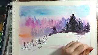 Iarna in culori pastel, pictura peisaj in acuarela pe hartie pentru incepatori - How to paint winter Iarna in culori pastel, pictura peisaj in acuarela pe hartie pentru incepatori - How to paint winter