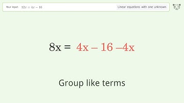 Solve 12x=4x-16: Linear Equation Video Solution | Tiger Algebra