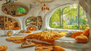 Soft Jazz Music ☕ Sleep Deep In Cozy Spring Cave | Fireplace Sounds And Spring Nature Reduce Stress