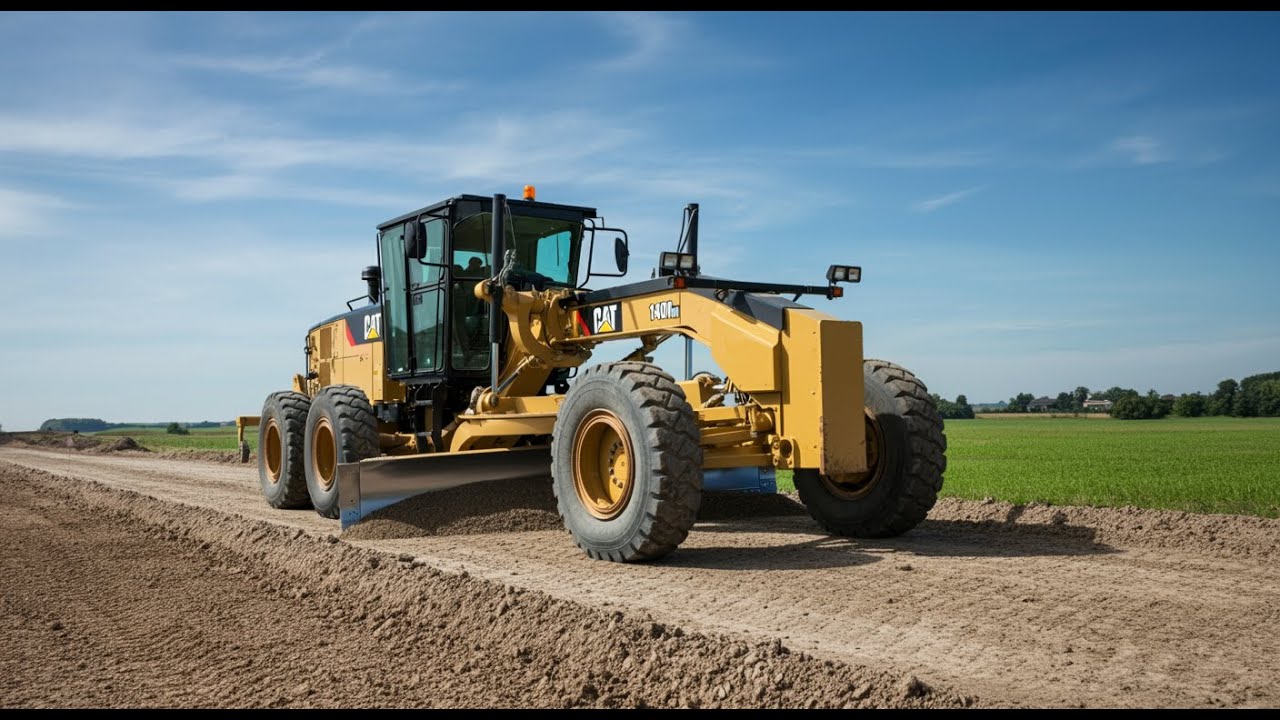 Caterpillar 140M AWD motor grader** actively working on a road ...