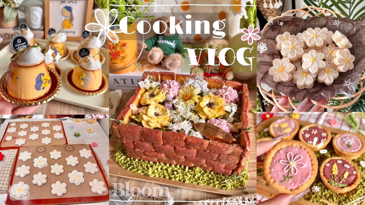 【Cooking Vlog】お花スイーツを大量生産してお家に彩りを！🏡🌼お菓子作りを楽しむ社会人の製菓記録👩‍🍳🌷花壇ケーキ｜マカロン｜プリン｜タルト