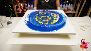 Blue Spiral Vortex Fluid Pour Painting Vibrant Color Pattern Circle Spiral Along With Bubbles