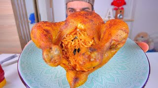 تحدي اكل دجاجة عملاقة حارة محشية نودلز كوري حار Spicy Korean Noodle Stuffed Rotisserie Chicken