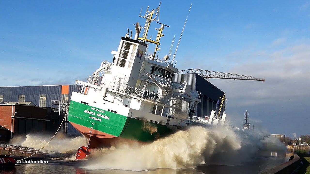 ANNIKA BRAREN | spectacular big ship launch at ROYAL BODEWES Hoogezand | monster wave hits wall | 4K