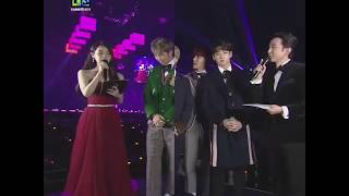 Jungkook is so nervous bcoz he is going to answer IU&#39;s question ( SBS Gayo Daejun 2017)