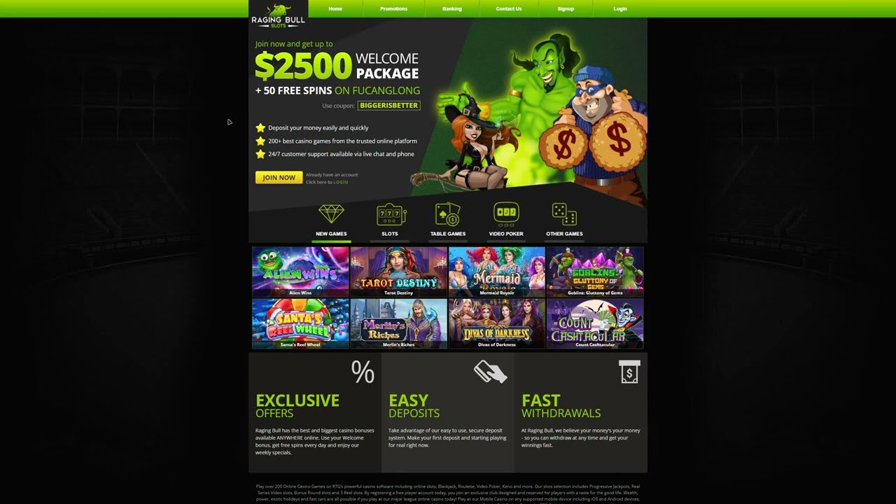 Screenshot of Raging Bull Casino game lobby and bonus promotion interface