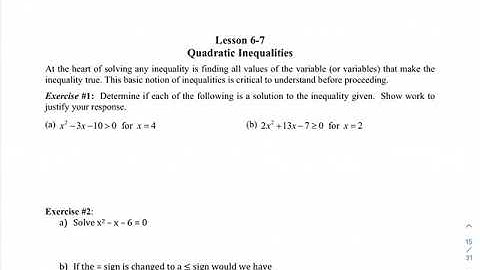 Algebra 2 Unit 6 Lesson 7 Quadratic Inequalities