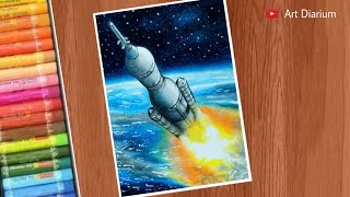 Oil Pastel Drawing for Beginners / Rocket Space Scenery Drawing - Step by Step screenshot 4