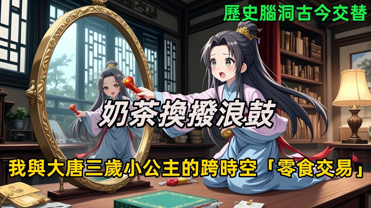 《 奶茶換撥浪鼓：我與大唐三歲小公主的跨時空「零食交易」》古玩店夜夜失窃，奶茶泡麵离奇消失。店主惊恐欲卖房，却见唐代拨浪鼓凭空现——竟是千年前晋阳公主跨时空窃取。深夜，一场零食换古董的交易就此展开。