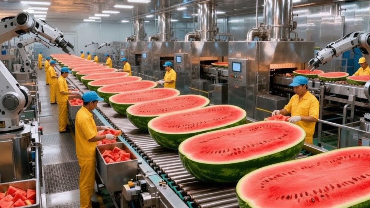 Inside a Watermelon Factory: From Whole Melons to Fresh Juice | Full Production Process”