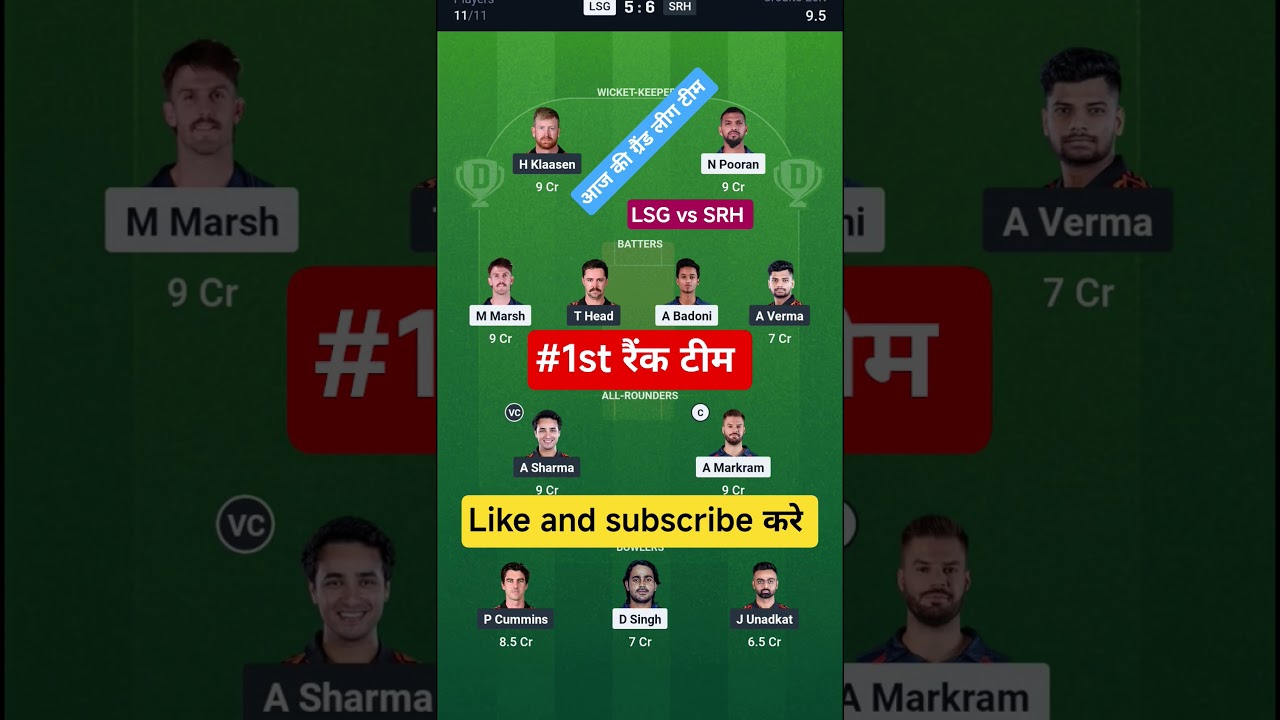 LSG vs SRH Dream11 Prediction | LSG vs SRH Dream11 Team Of Today Match | LSG vs SRH | 