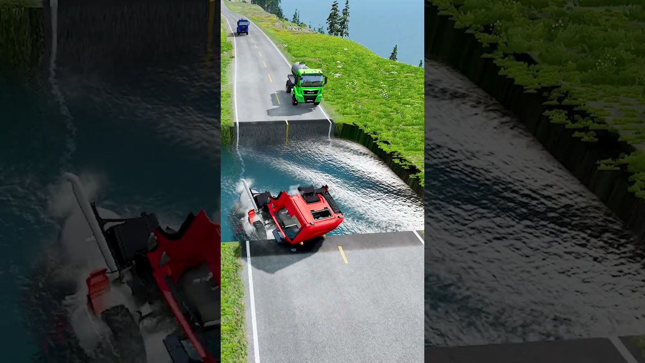 Tanker trucks crossing large water pit 