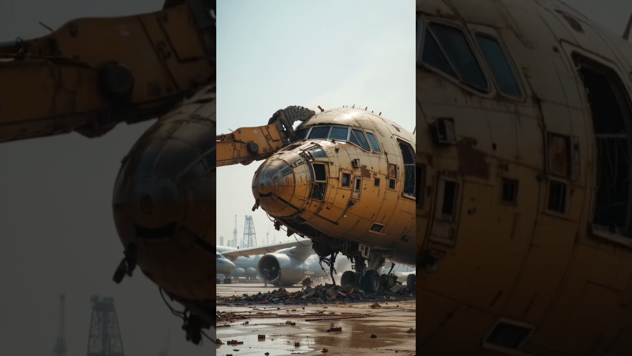 Commercial airplane destruction in scrapyard
