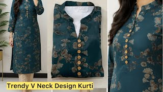 Very Easy V Collar Neck Design Kurti Cutting And Stitching / Perfect Collar Neck With Button Placket