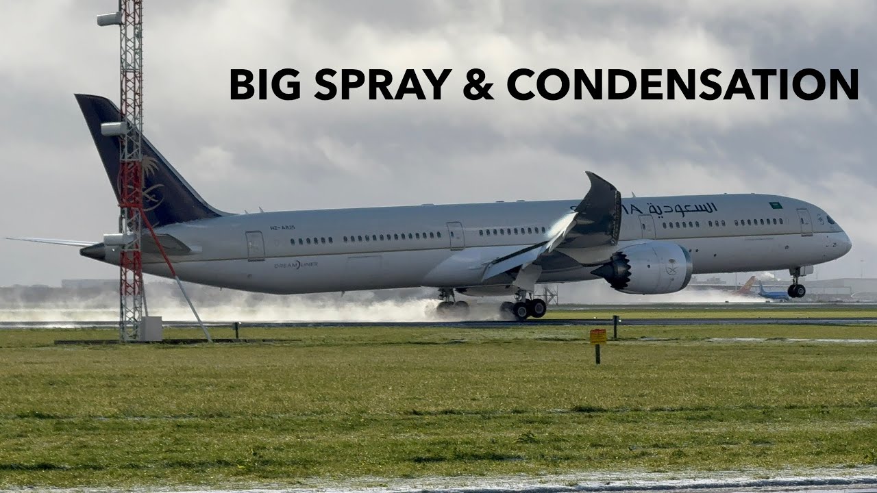 Saudia 787 Landing in Snow with Spray & Wing Condensation | Amsterdam Schiphol