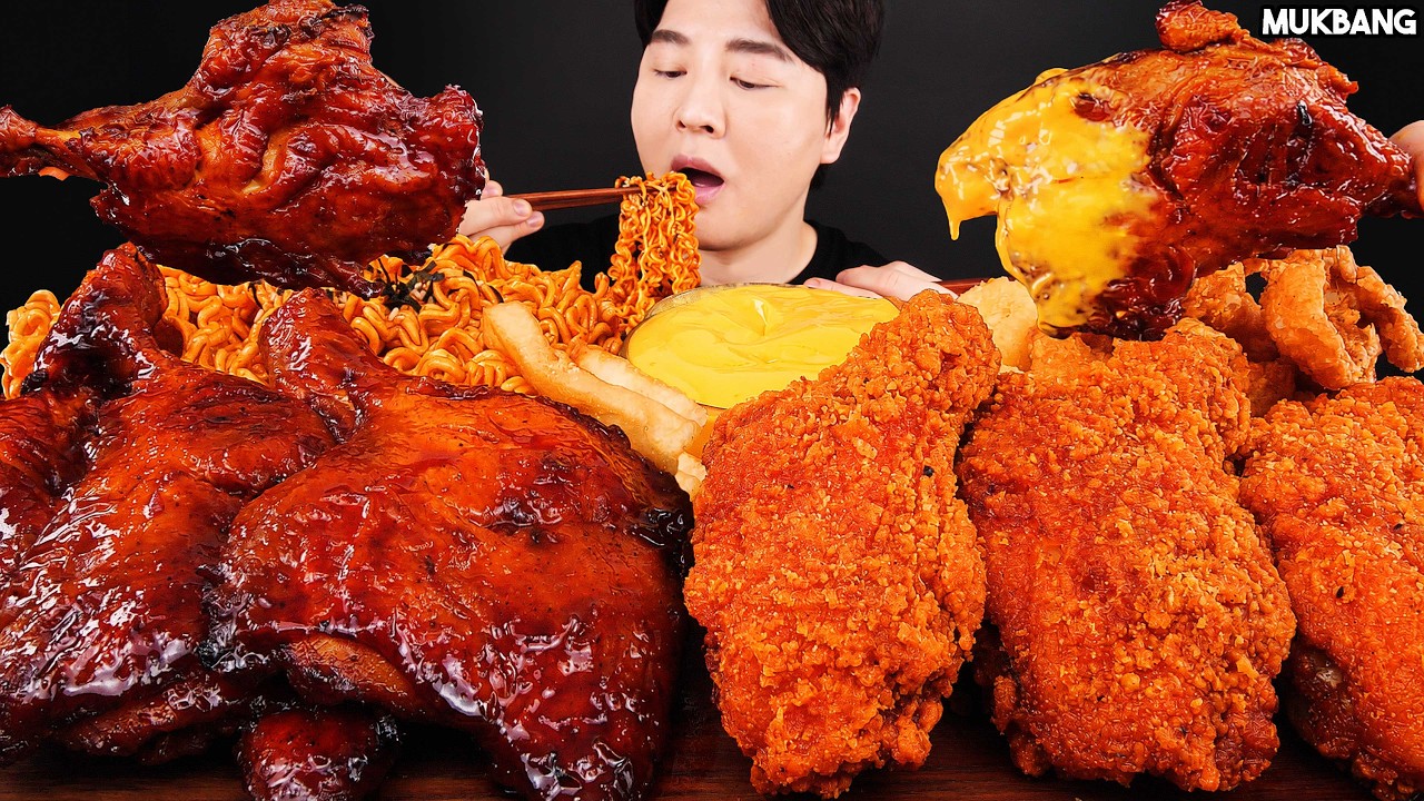 ASMR MUKBANG | BBQ Chicken & Hot Fried Chicken, Fire Noodles COOKING & EATING SOUND