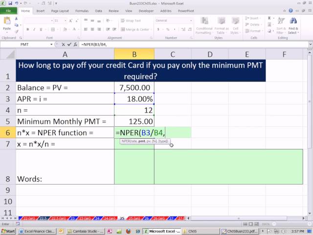 excel finance class 39 how long to pay off credit card with