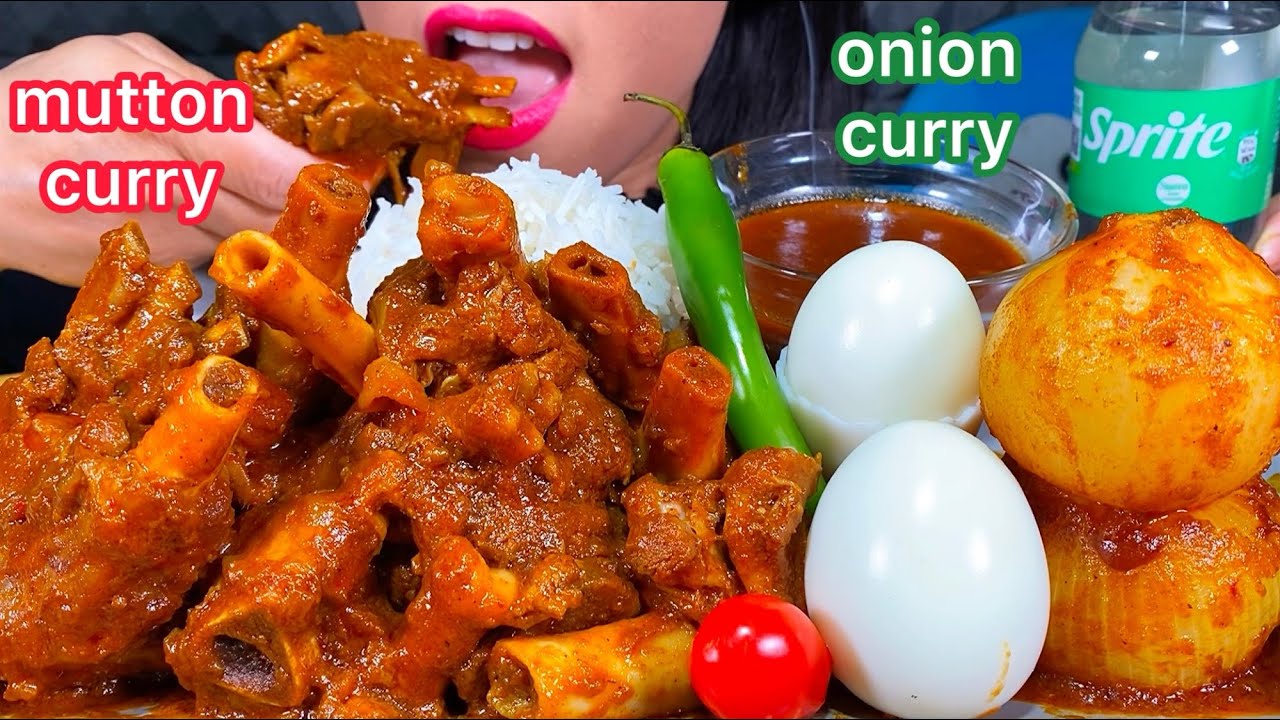 ASMR SPICY MUTTON CURRY, ONION CURRY, EGGS, BASMATI RICE MUKBANG MASSIVE Eating Sounds