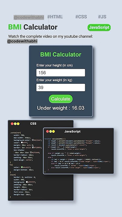 Create BMI Calculator #coding #jsdev #code #htmlcssjavascript #trending ...