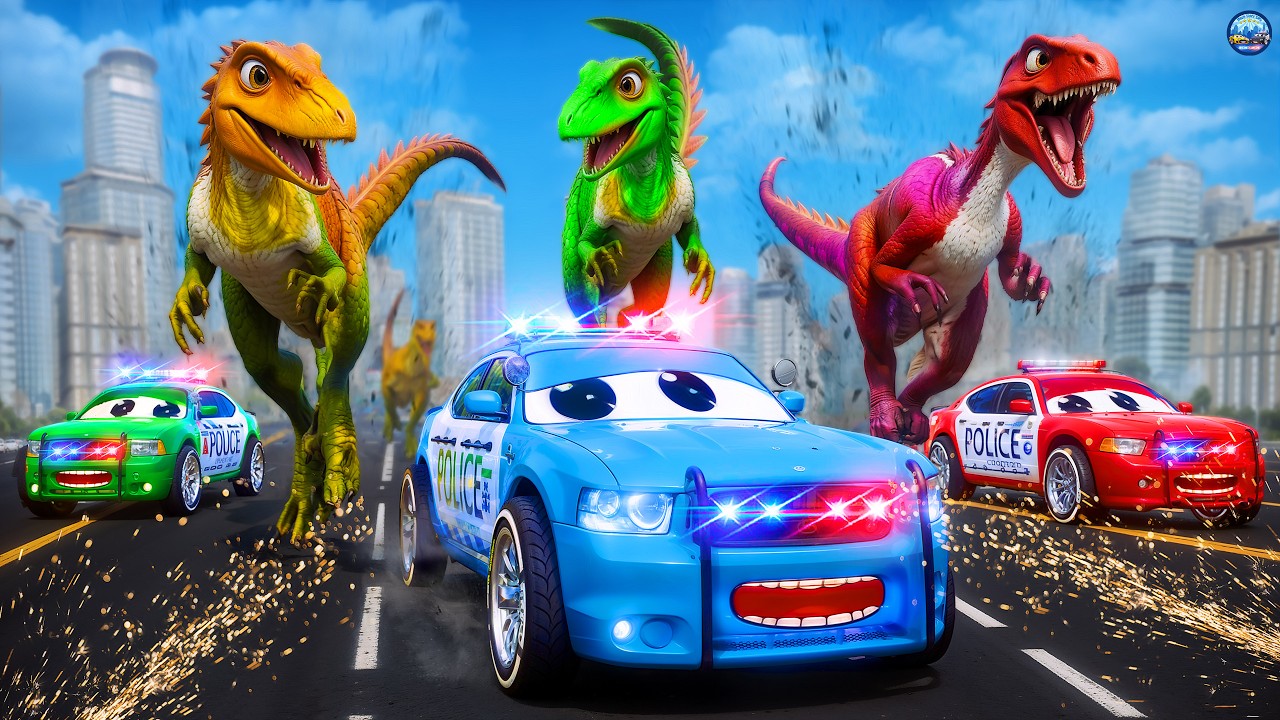 Dinosaur Attack on CIty Cars Velociraptors vs Police Cars Dinosaur Eggs Transport Hero Cars Movie