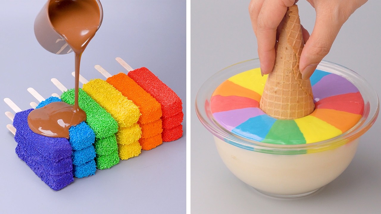 🌈 Super Satisfying Rainbow Dessert Ideas 🍫 Tuang Cokelat ke Kue Pelangi | DIY Fun Cake Decoration