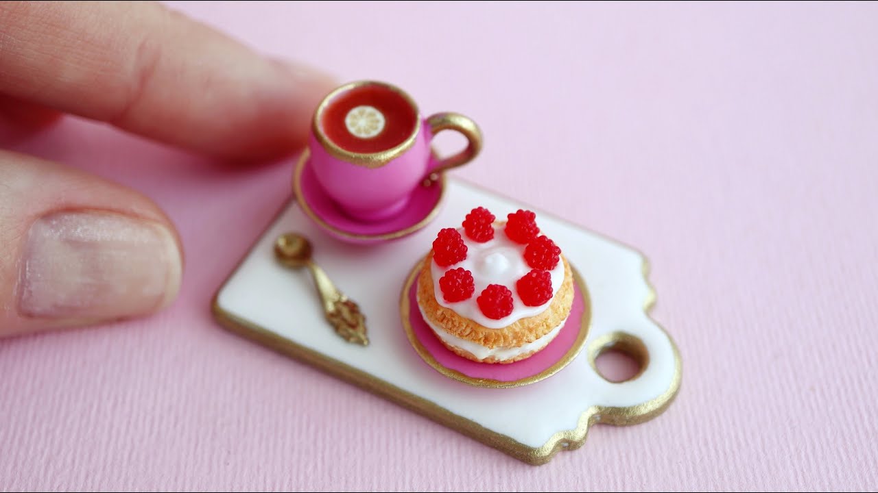 Miniature cup and cake with raspberries💕Polymer clay