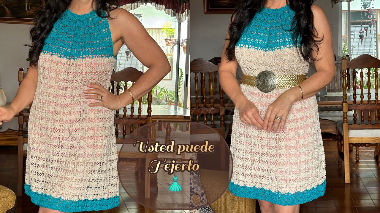 Vestido 👗 tipo halter tejido a crochet 😊para todas las tallas