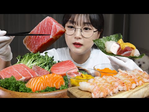 刺身の盛り合わせ(マグロ、サーモン、ウニ、エビ)モッパン | ASMR 咀嚼音 | MUKBANG