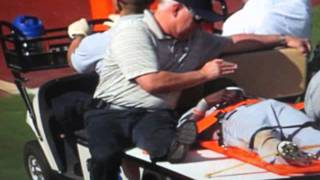San Diego Padres Orlando Hudson carted off the field after a crash into the wall GOOD CATCH