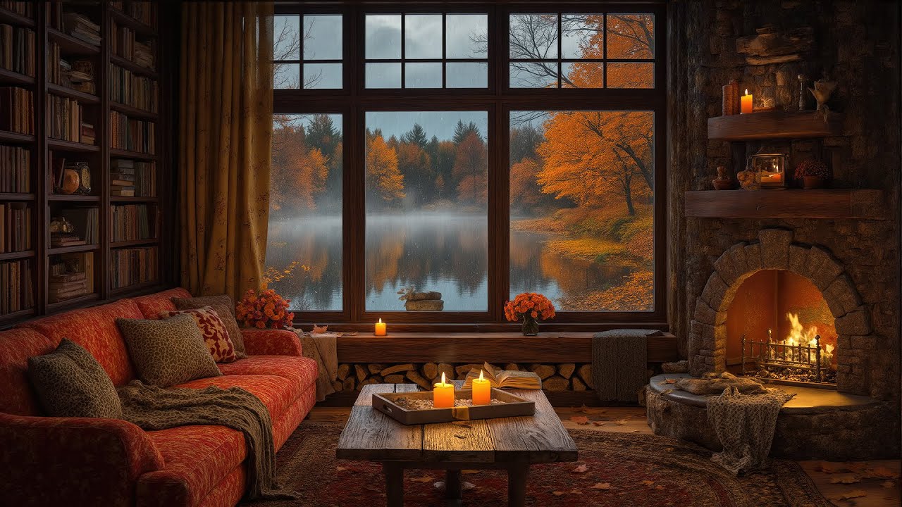 Calm Jazz at Autumn Lakeside Library 🍂 Soft Fireplace  Ambience & Rain for Concentration & Study