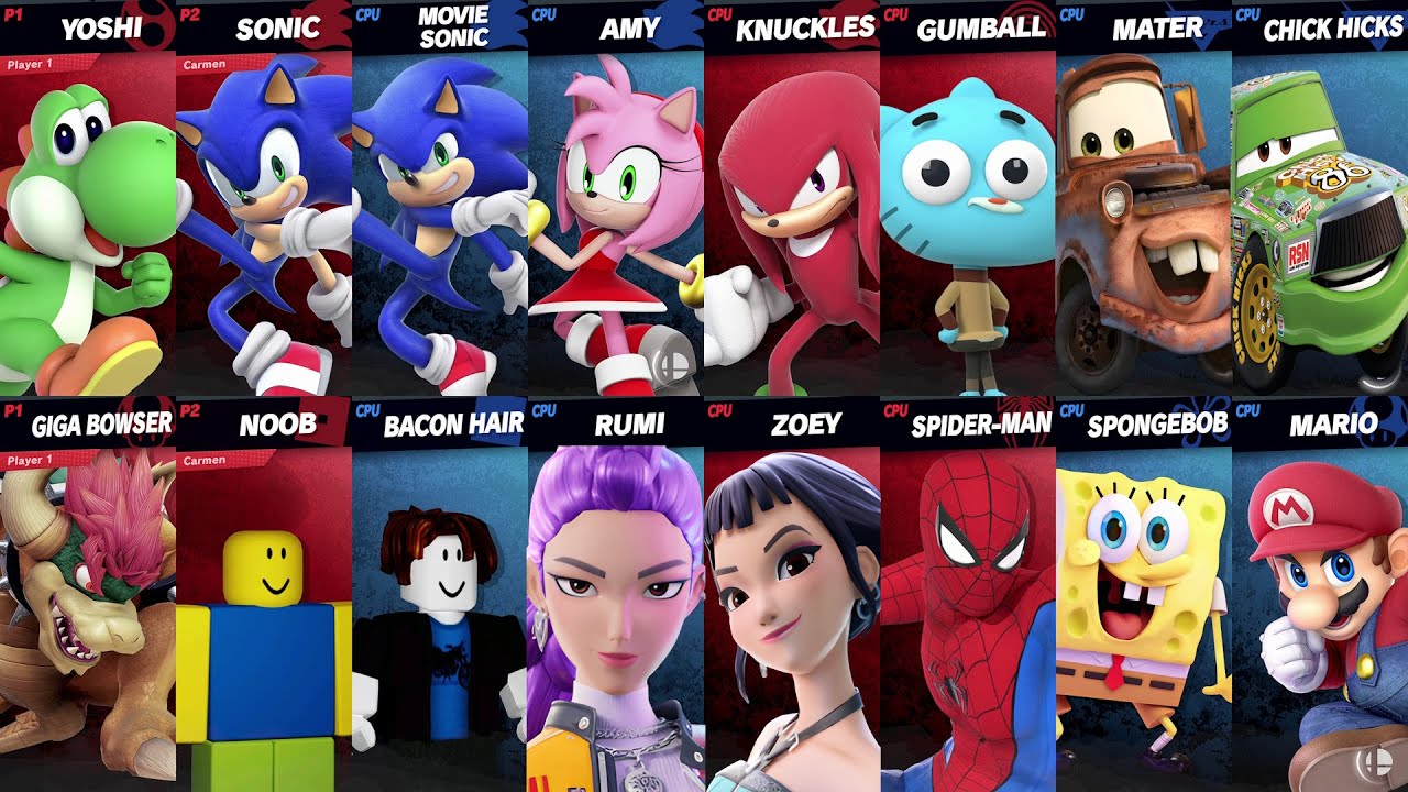 NEW Sonic vs Mario vs Roblox vs Car vs Fortnite vs Spider-Man vs SpongeBob vs Rumi in Smash Bros