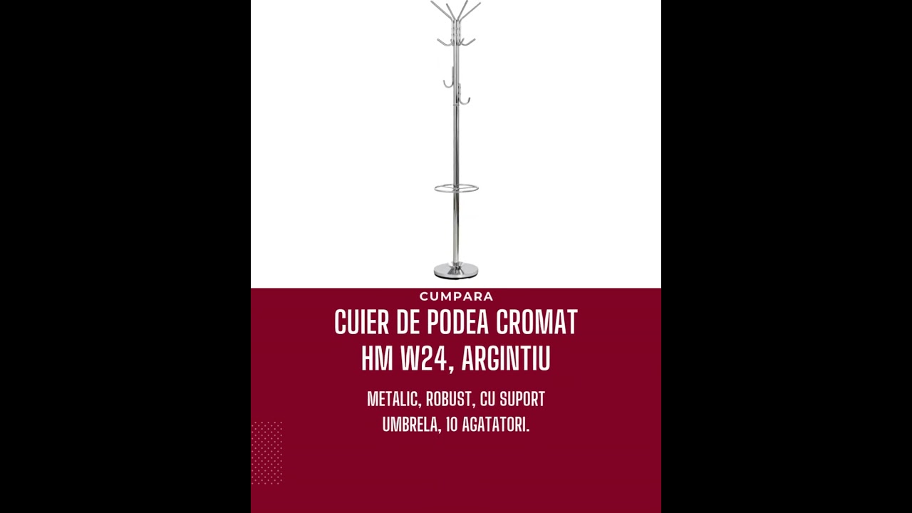 Cuier de podea cromat HM W24, robust, cu suport umbrela, 10 agatatori, argintiu