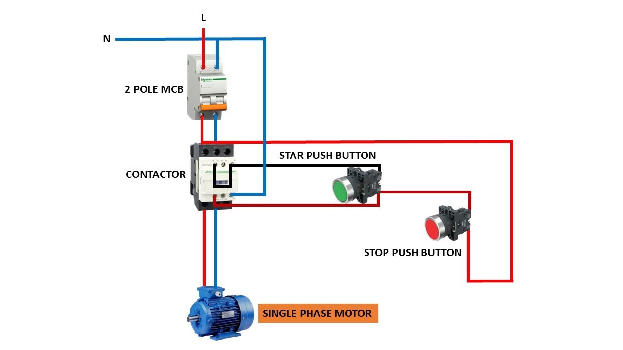 Single Phase Motor Connection with Push Button | contactor - YouTube
