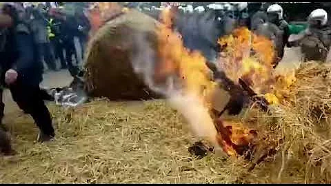 Farmers in the Netherlands spraying police with dung and hay