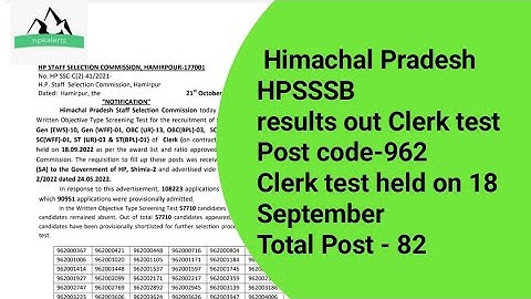 Clerk Results Out || Test Held on 18 September 2022 || Post code-962 ||HPSSSB Results || In Hindi