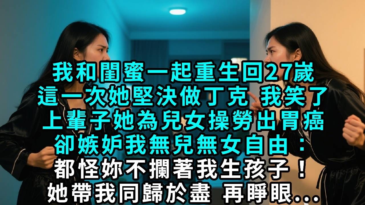 我和閨蜜一起重生回 27 歲，這一次她堅決做丁克，我笑了，上輩子她為兒女操勞出胃癌，卻嫉妒我無兒無女自由：都怪妳不攔著我生孩子！她帶我同歸於盡，再睜眼……