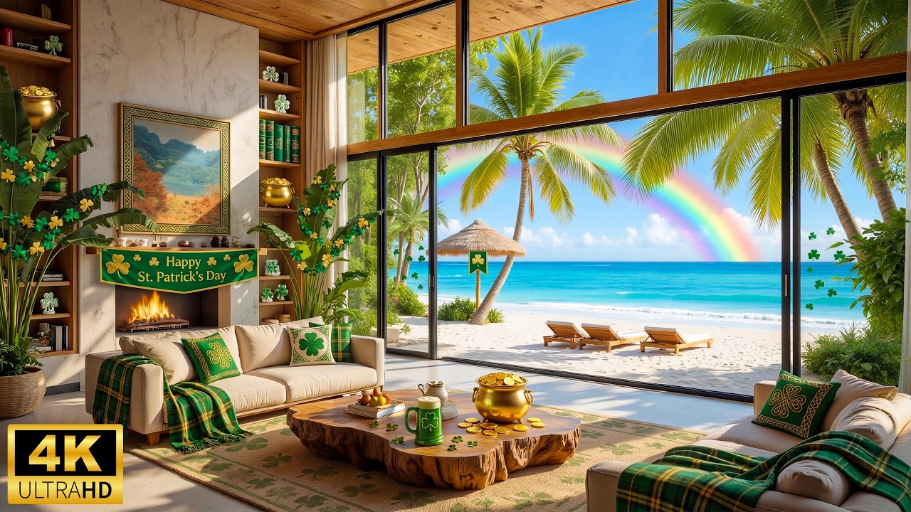 St. Patrick's Day Ambience ☘️ Cozy Spring Beach with Relaxing Piano Music & Ocean Waves for Calm
