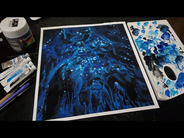 絵の具で青い洞窟を描いてみた。It is a blue cave drawn with paint