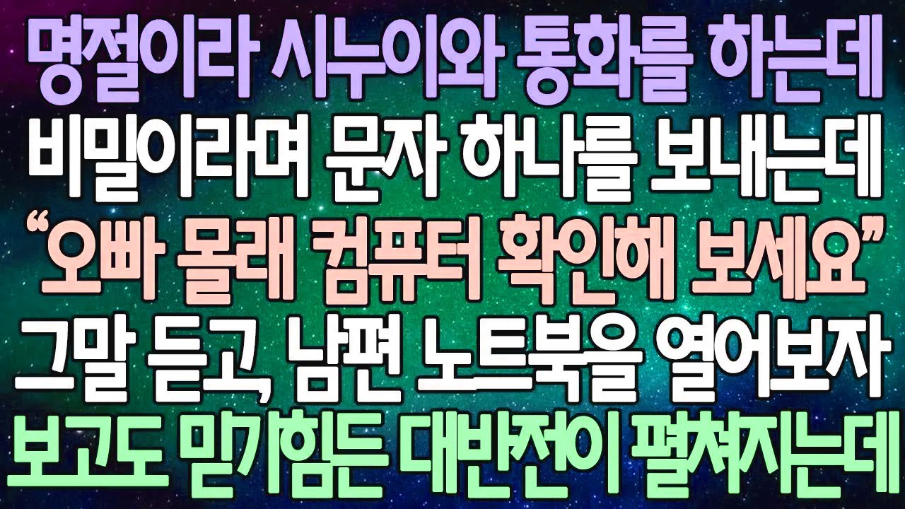 (반전 사연) 명절이라 시누이와 통화를 하는데 비밀이라며 문자 하나를 보내는데 그말 듣고, 남편의 노트북을 열어보자 보고도 믿기 힘든 대반전이 펼쳐지는데 /사이다사연/라디오드라마
