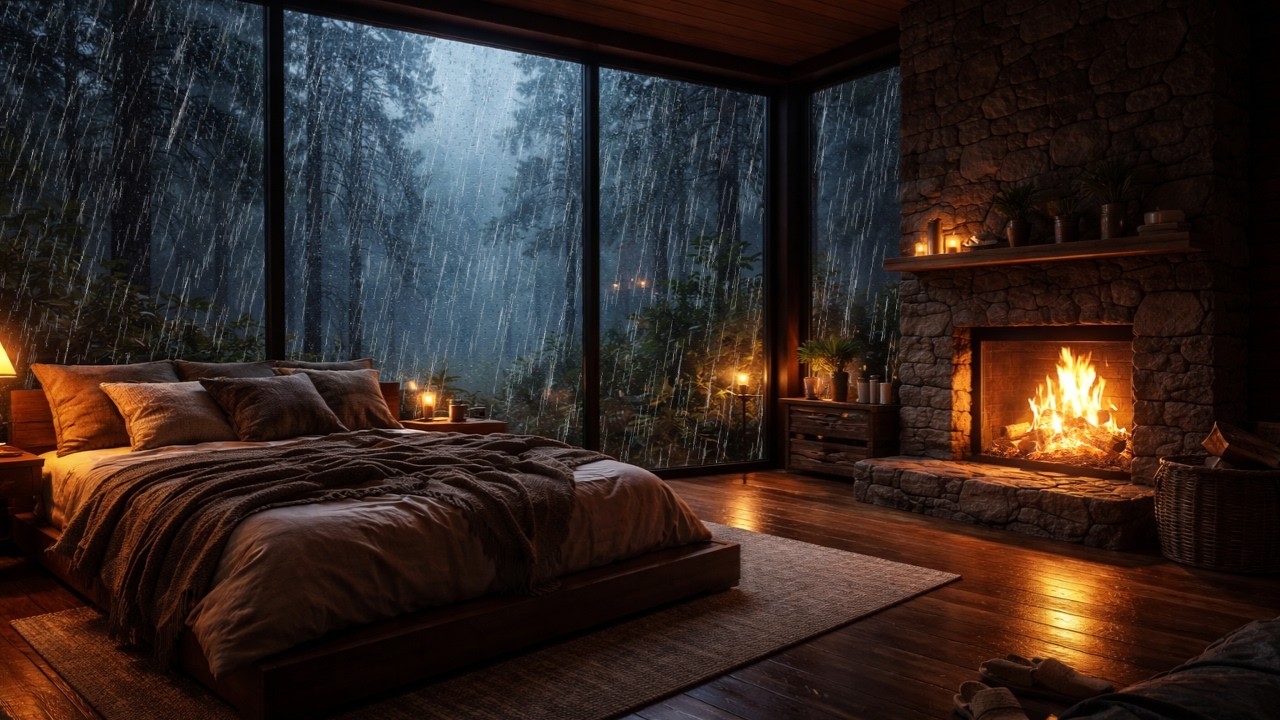 Cozy Rain ASMR in Forest Cabin Bedroom | Fireplace Ambience for Deep ...