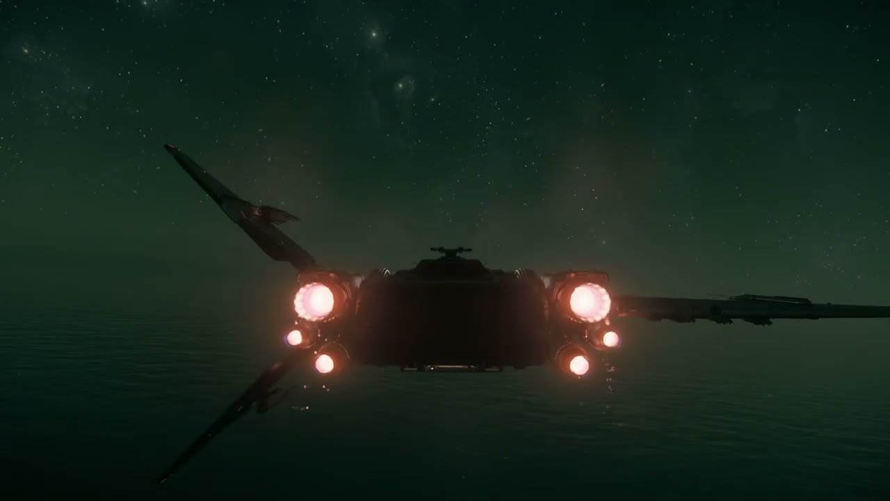 A ship flying under a green aurora, a still from one of the videos