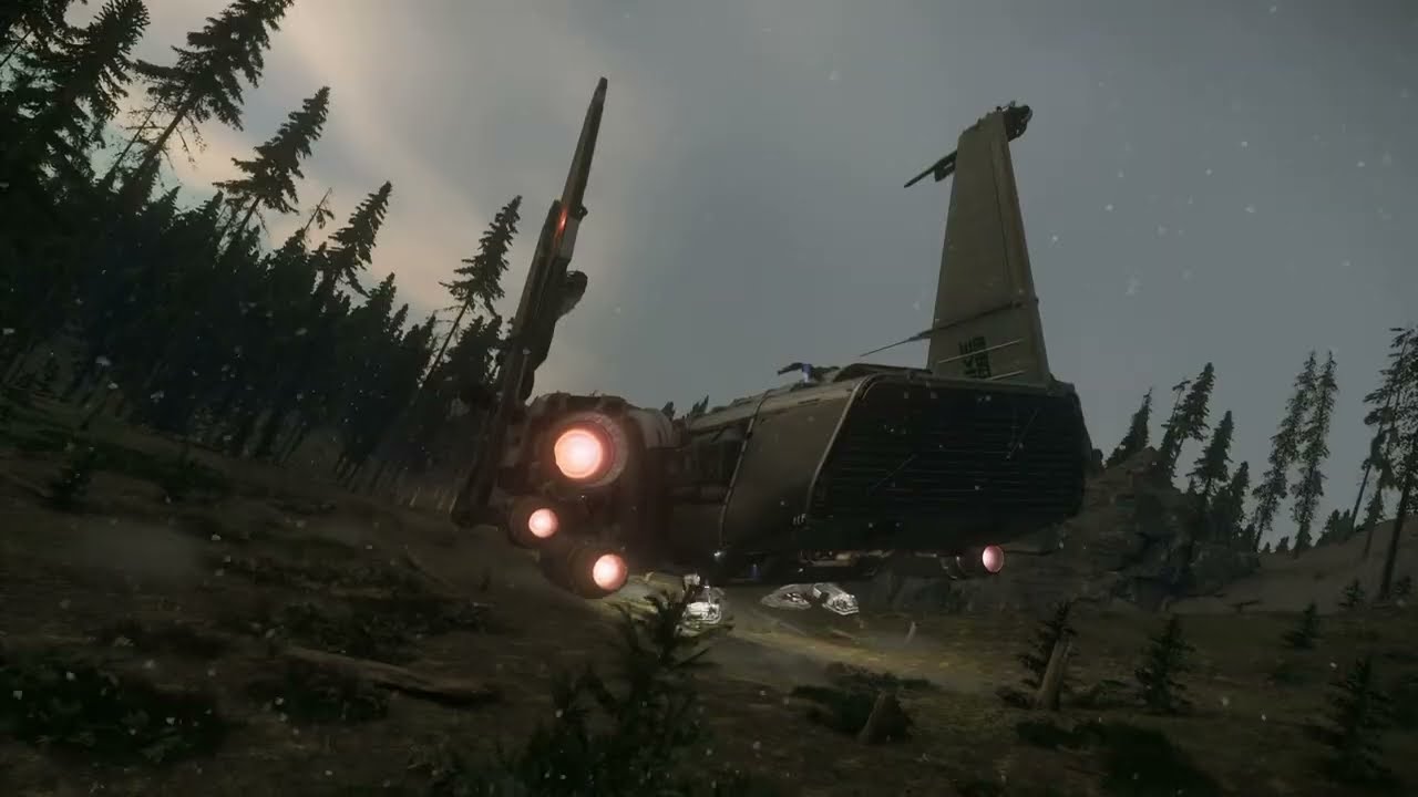 A ship landed at the edge of a forest, a still from one of the videos